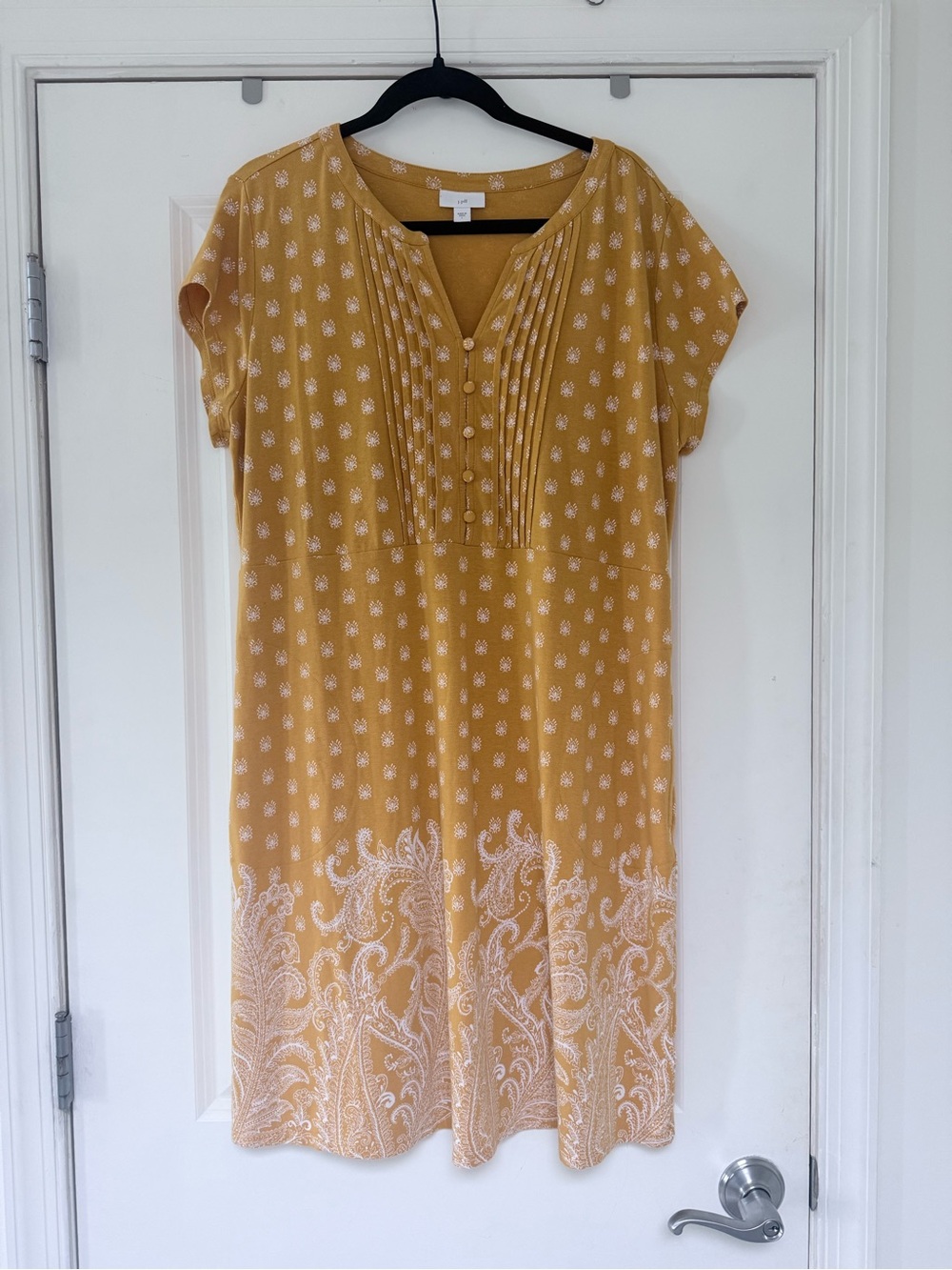 J. Jill Yellow Paisley Print Pintucked Shortsleeve Knit Dress L EUC